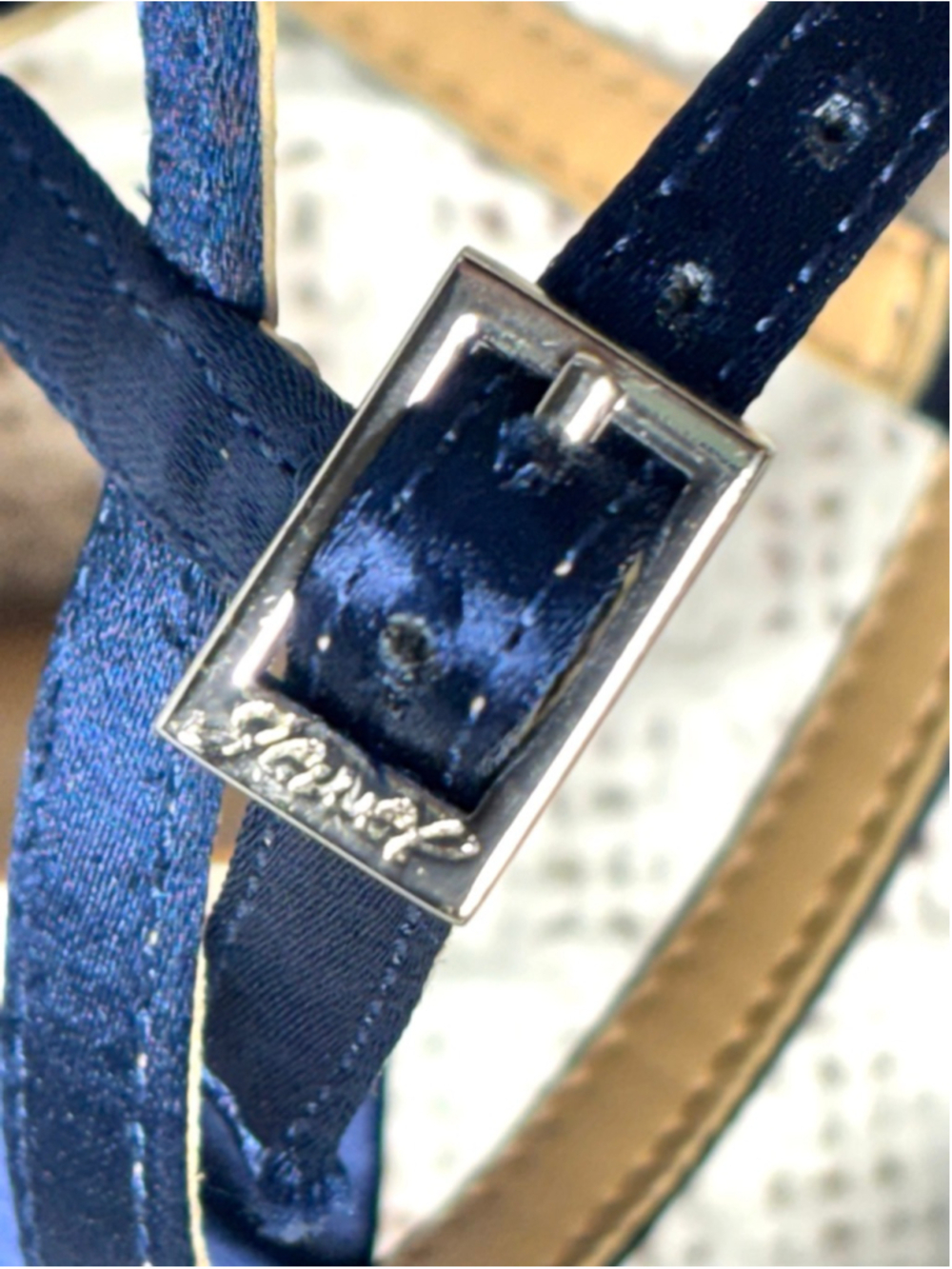 Jewel Badgley Mischka Strappy Navy Satin Rhinestone Block Heel SZ 7 Formal Party - Picture 11 of 11